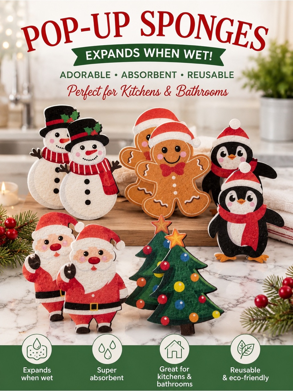 Holiday Pop-Up Sponge Set Kitchen Bath - 10 Pack
